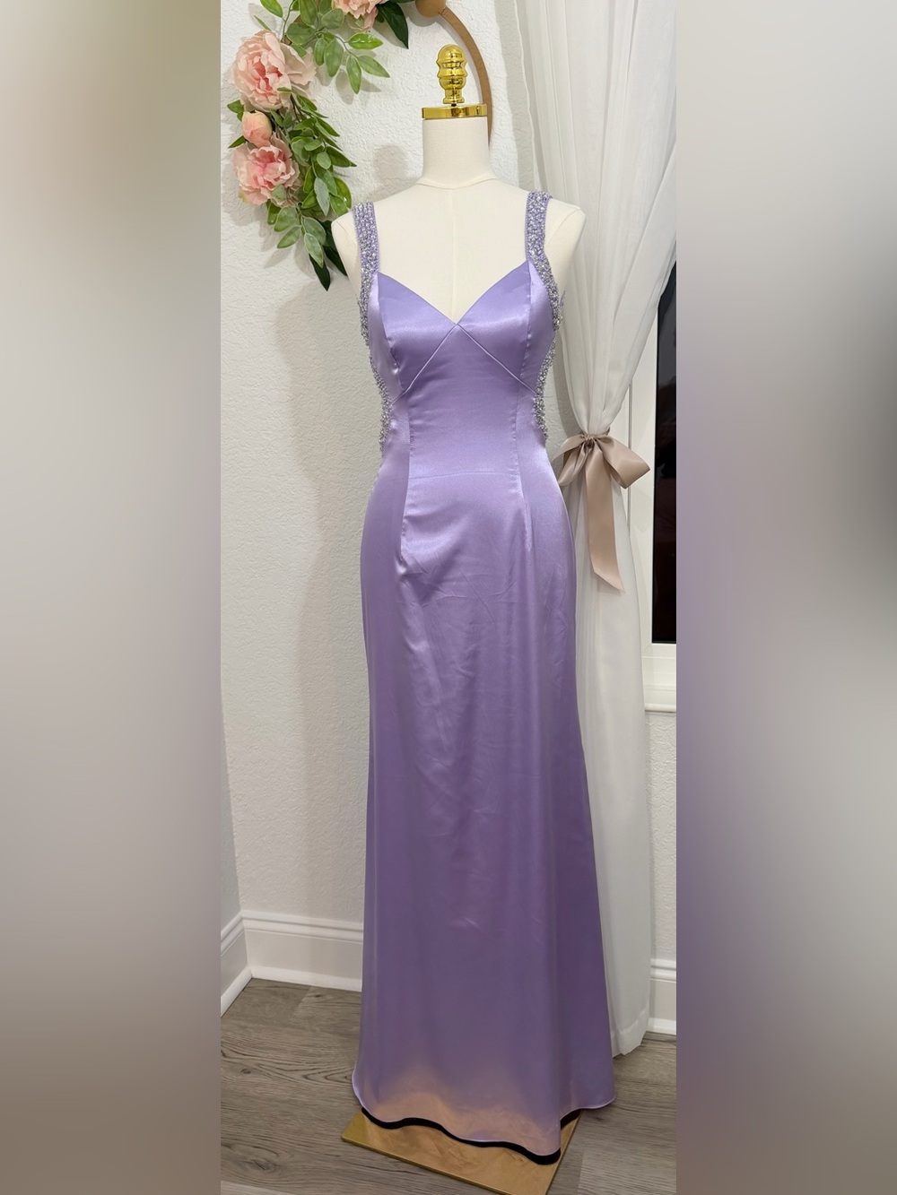 NEW Cache Lilac Light Purple Satin Rhinestone Backless Gown Vintage Y2K Glam S